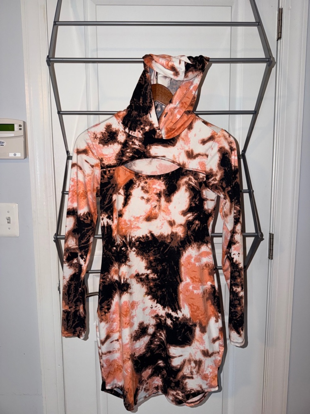 Orange & Black Tie-Dye Hooded Cutout Dress